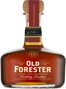 A bottle of Old Forester 2018 Birthday Bourbon on a black background.