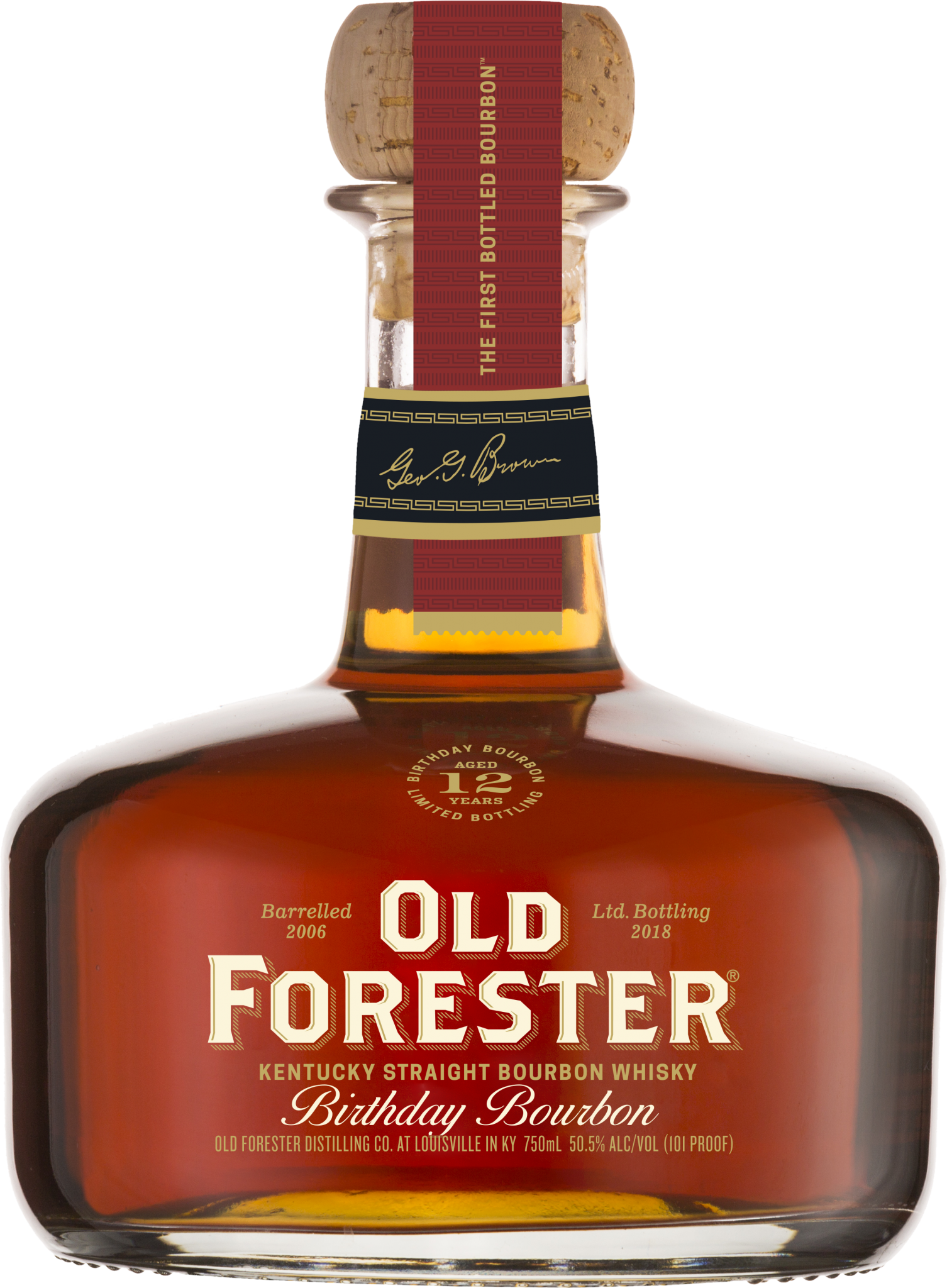 A bottle of Old Forester 2018 Birthday Bourbon on a black background.