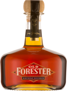 A bottle of Old Forester 2003 Birthday Bourbon on a black background.