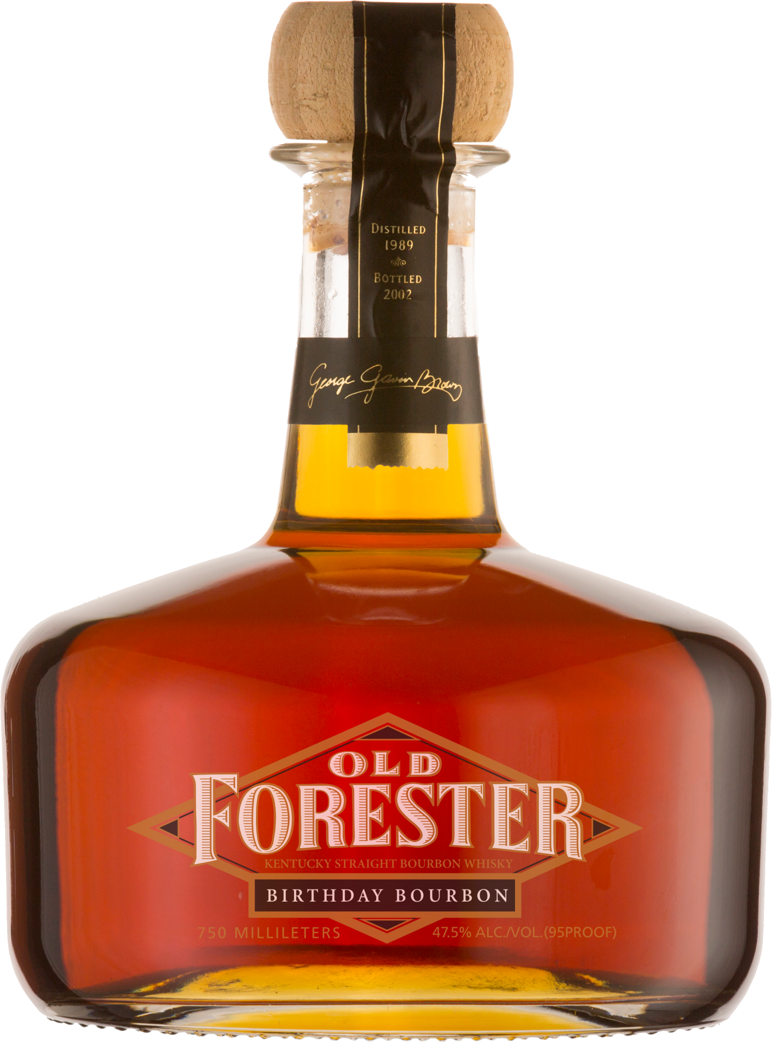 A bottle of Old Forester 2003 Birthday Bourbon on a black background.