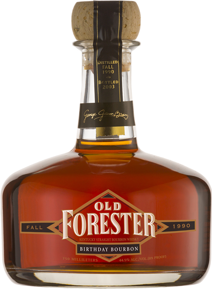 A bottle of Old Forester 2003 Fall Birthday Bourbon on a black background.