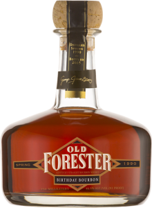 A bottle of Old Forester 2003 Spring Birthday Bourbon on a black background.