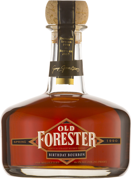 A bottle of Old Forester 2003 Spring Birthday Bourbon on a black background.