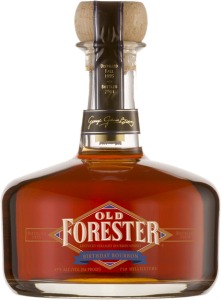 A bottle of Old Forester 2004 Birthday Bourbon on a black background.