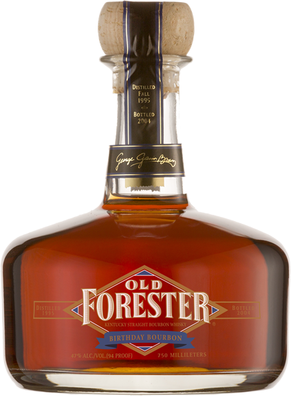 A bottle of Old Forester 2004 Birthday Bourbon on a black background.