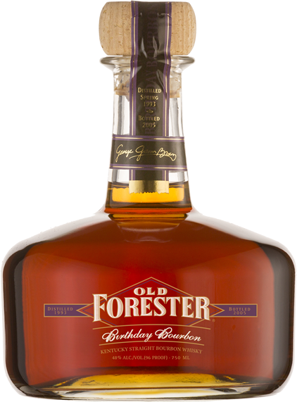 A bottle of Old Forester 2005 Birthday Bourbon on a black background.