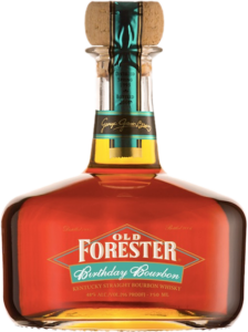 A bottle of Old Forester 2006 Birthday Bourbon on a black background.