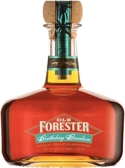 A bottle of Old Forester 2006 Birthday Bourbon on a black background.