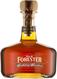 A bottle of Old Forester 2007 Birthday Bourbon on a black background.