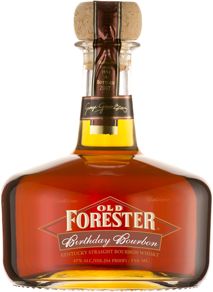 A bottle of Old Forester 2007 Birthday Bourbon on a black background.