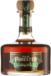 A bottle of Old Forester 2008 Birthday Bourbon on a black background.