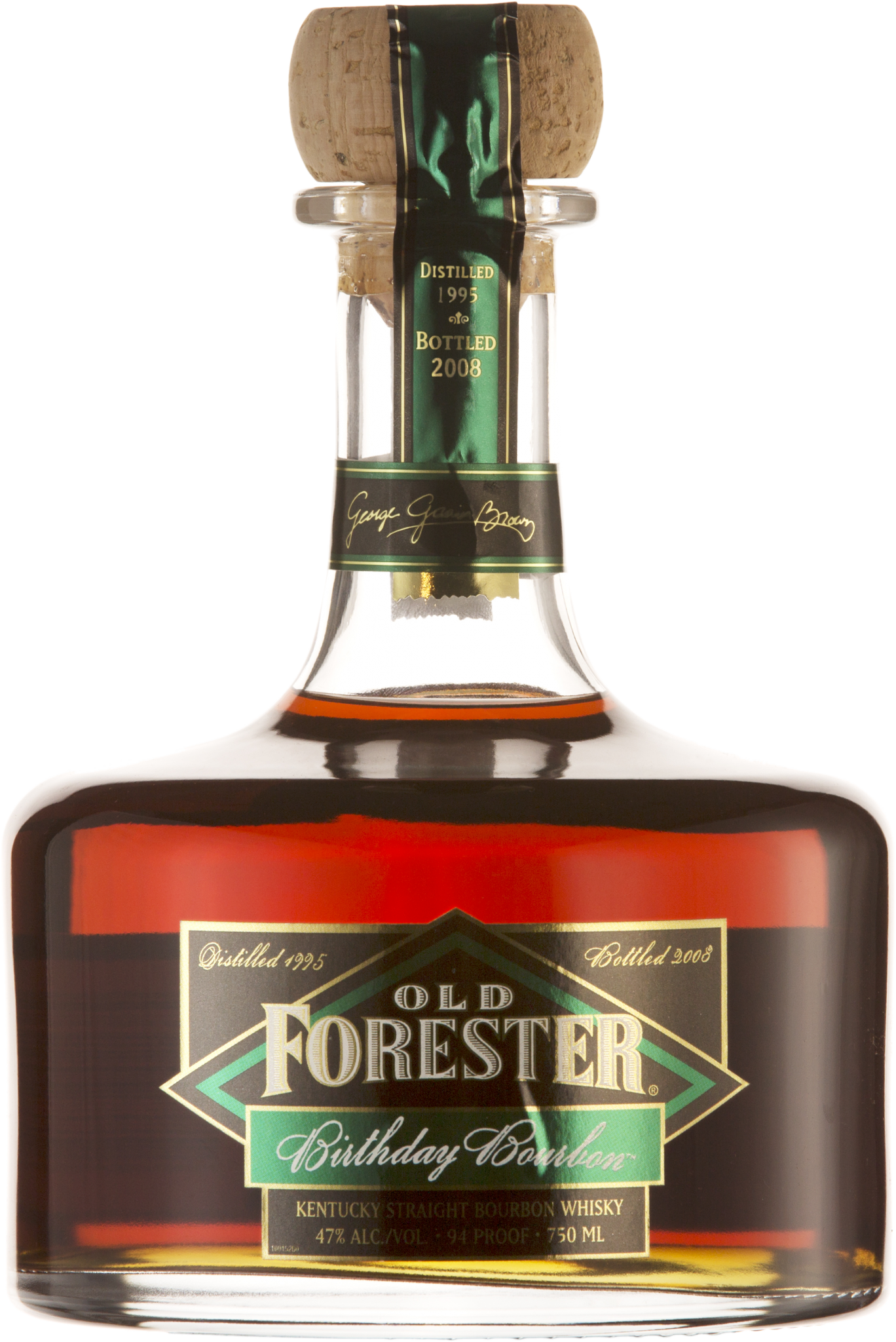 A bottle of Old Forester 2008 Birthday Bourbon on a black background.