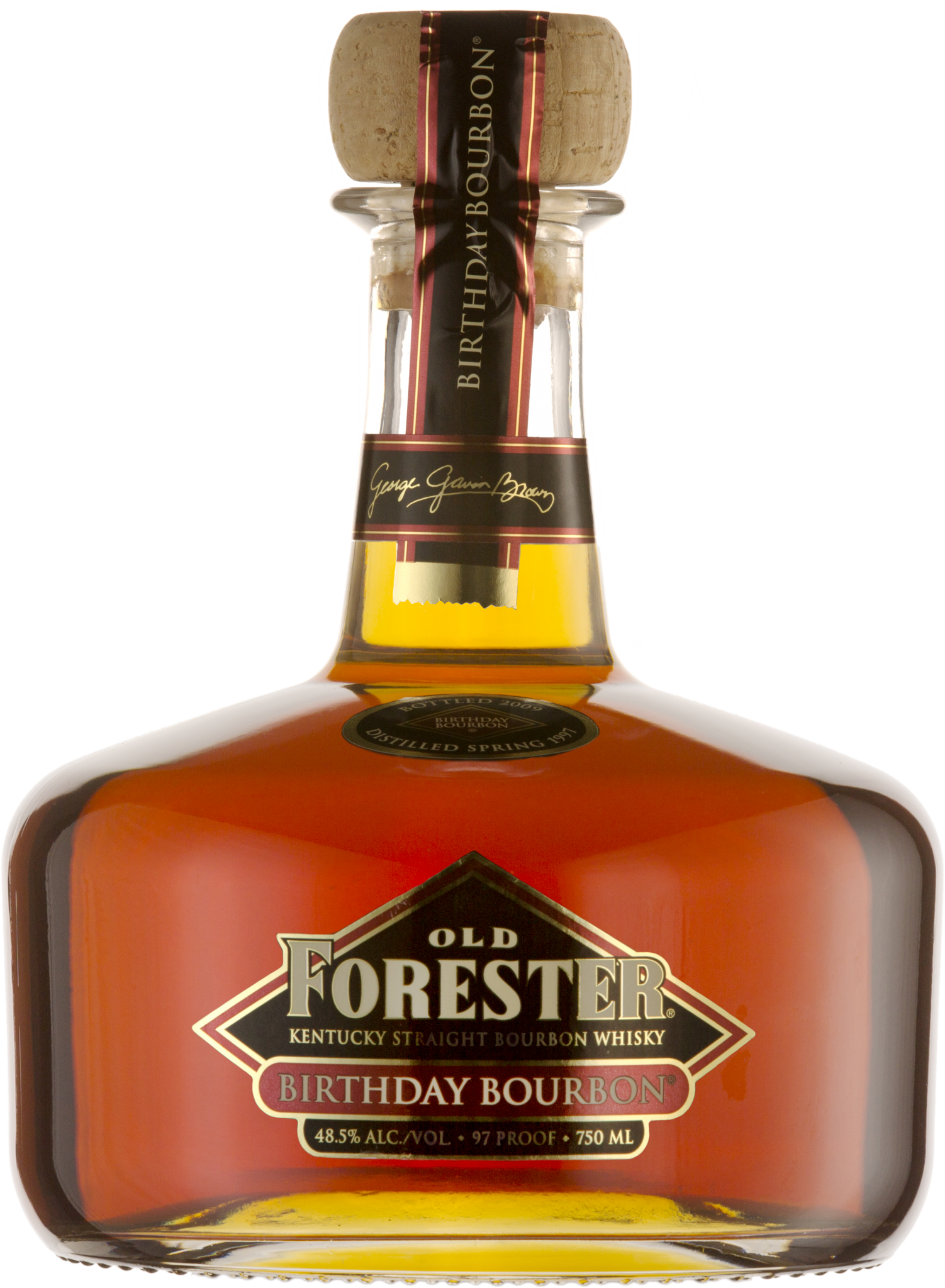 A bottle of Old Forester 2009 Birthday Bourbon on a black background.