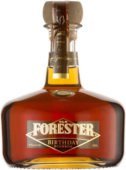 A bottle of Old Forester 2010 Birthday Bourbon on a black background.