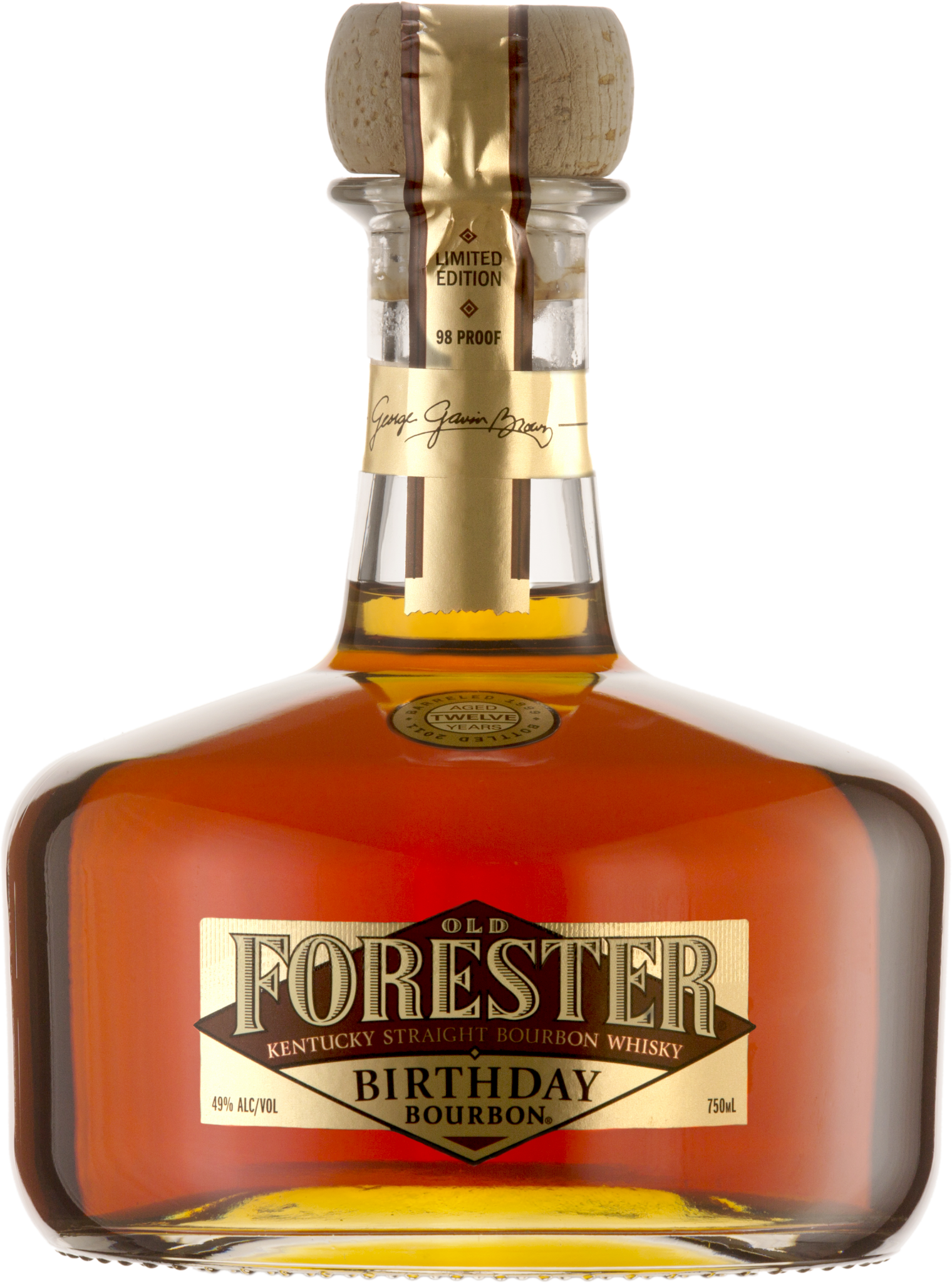 A bottle of Old Forester 2011 Birthday Bourbon on a black background.