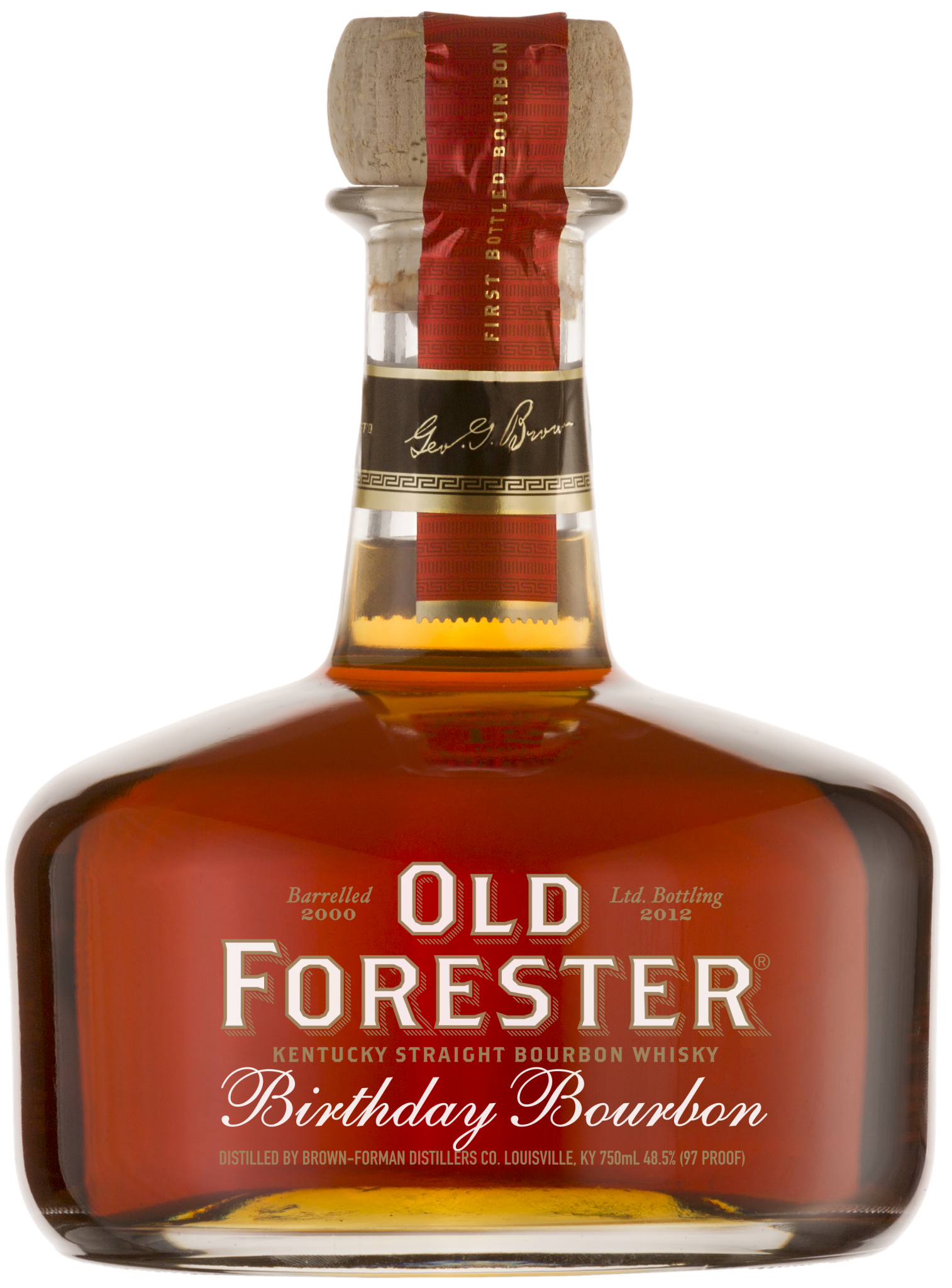 A bottle of Old Forester 2012 Birthday Bourbon on a black background.