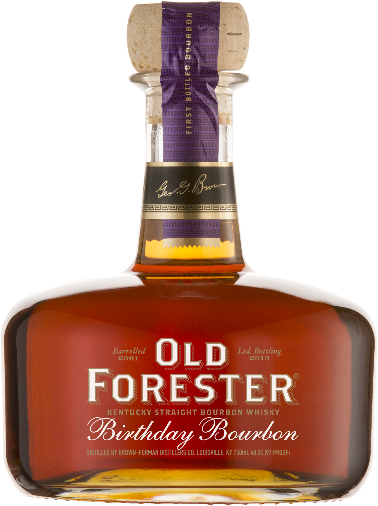 A bottle of Old Forester 2013 Birthday Bourbon on a black background.