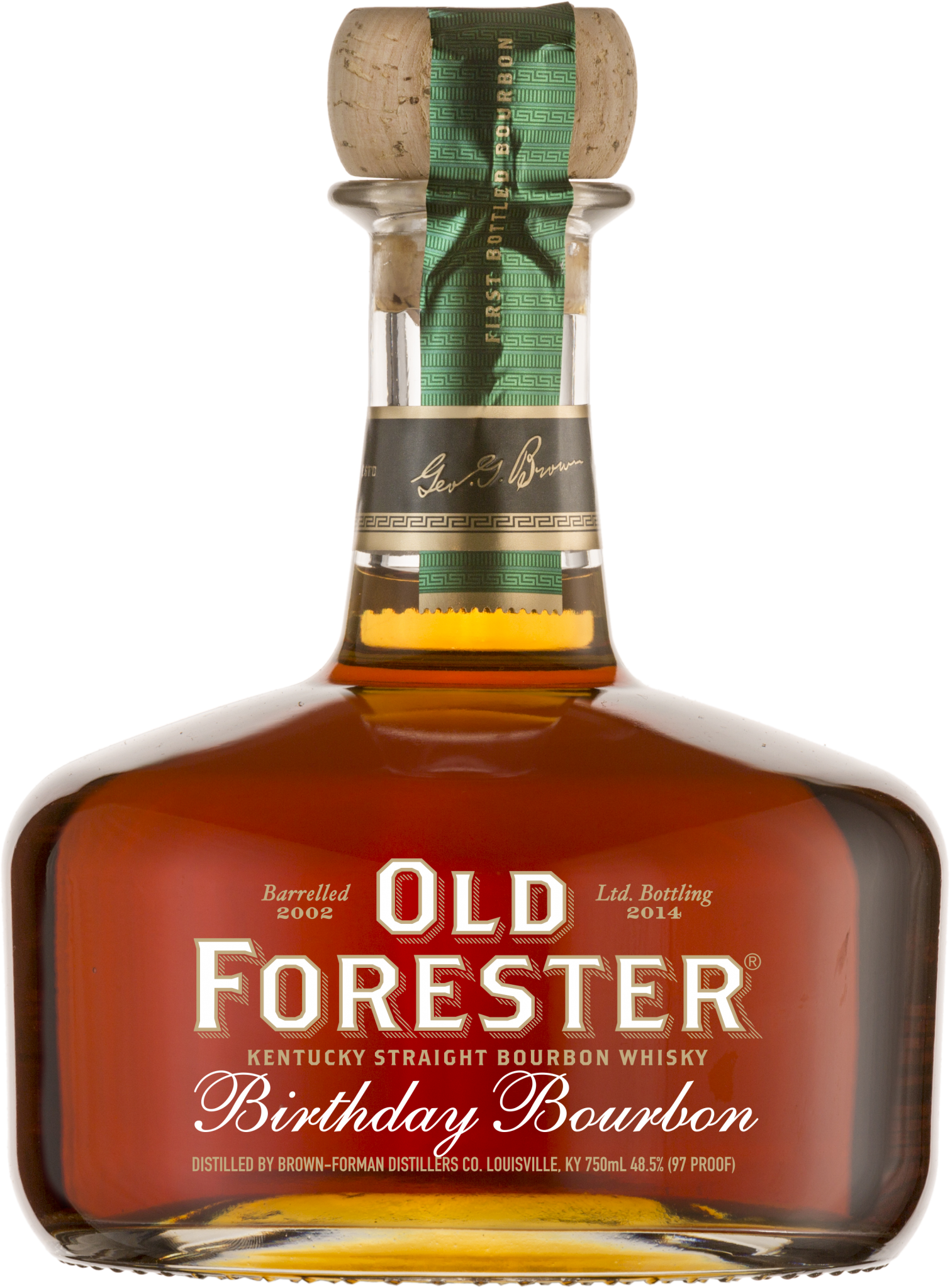 A bottle of Old Forester 2014 Birthday Bourbon on a black background.