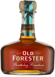 A bottle of Old Forester 2015 Birthday Bourbon on a black background.