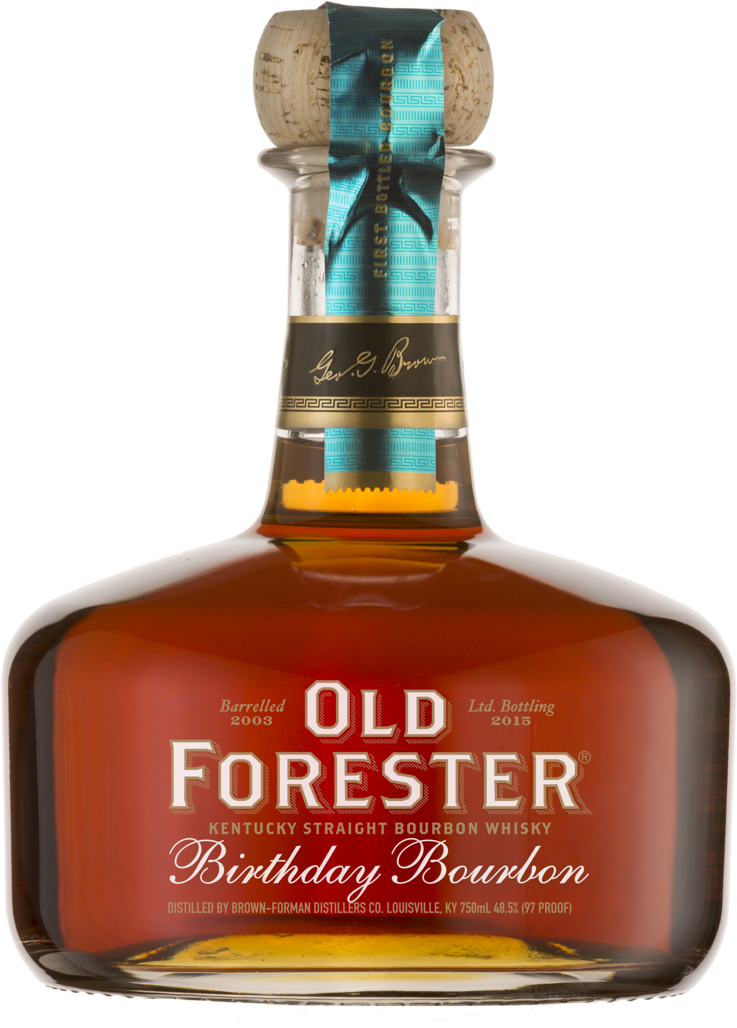 A bottle of Old Forester 2015 Birthday Bourbon on a black background.