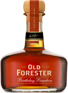 A bottle of Old Forester 2016 Birthday Bourbon on a black background.