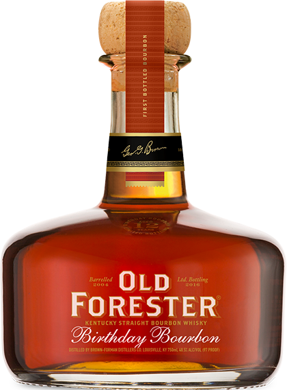 A bottle of Old Forester 2016 Birthday Bourbon on a black background.