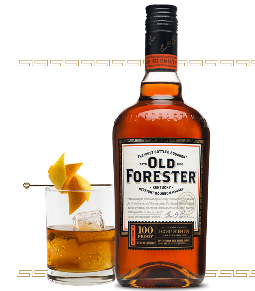 Old Forester whisky bottle and cocktail glass
